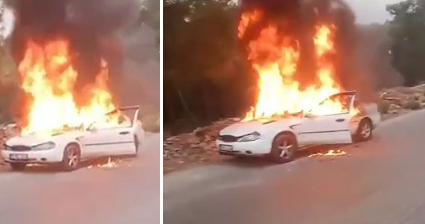 Sokak üzerinde park halindeki araç alev topuna döndü